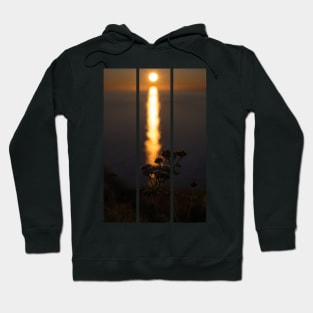 Wonderful landscapes in Norway. Nord-Norge. Beautiful scenery of a midnight sun sunset at Nordkapp (Cape North). Boat and globe on a cliff. Rippled sea and clear orange sky. (vertical) Hoodie